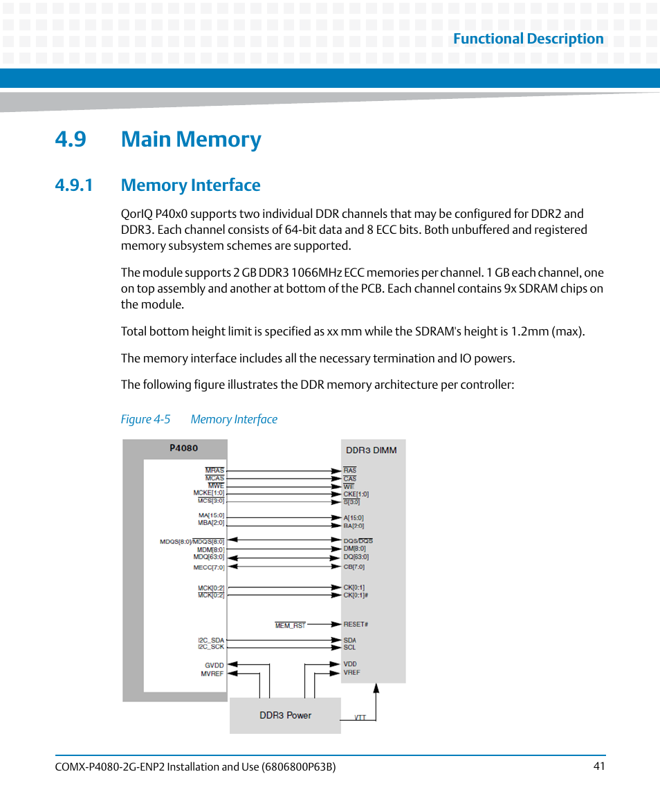 9 main memory, 1 memory interface, Figure 4-5 | Memory interface | Artesyn COMX-P4080-2G-ENP2 Installation and Use (August 2014) User Manual | Page 41 / 70