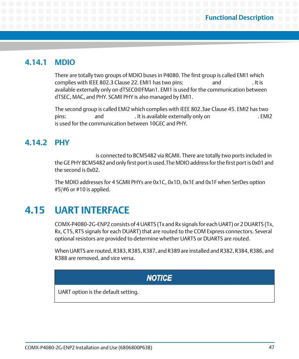 1 mdio, 2 phy, 15 uart interface | 1 mdio 4.14.2 phy | Artesyn COMX-P4080-2G-ENP2 Installation and Use (August 2014) User Manual | Page 47 / 70