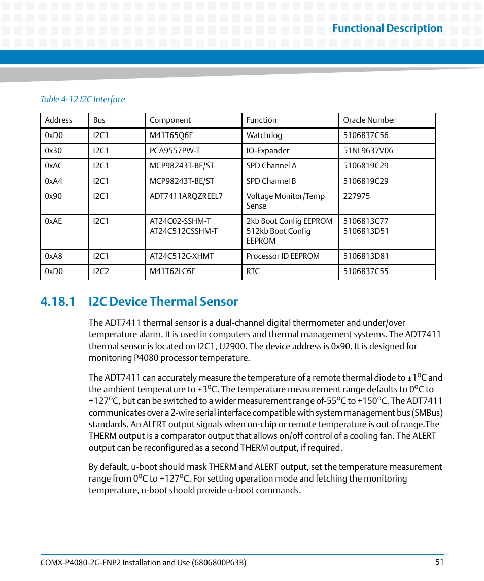 1 i2c device thermal sensor, Functional description | Artesyn COMX-P4080-2G-ENP2 Installation and Use (August 2014) User Manual | Page 51 / 70