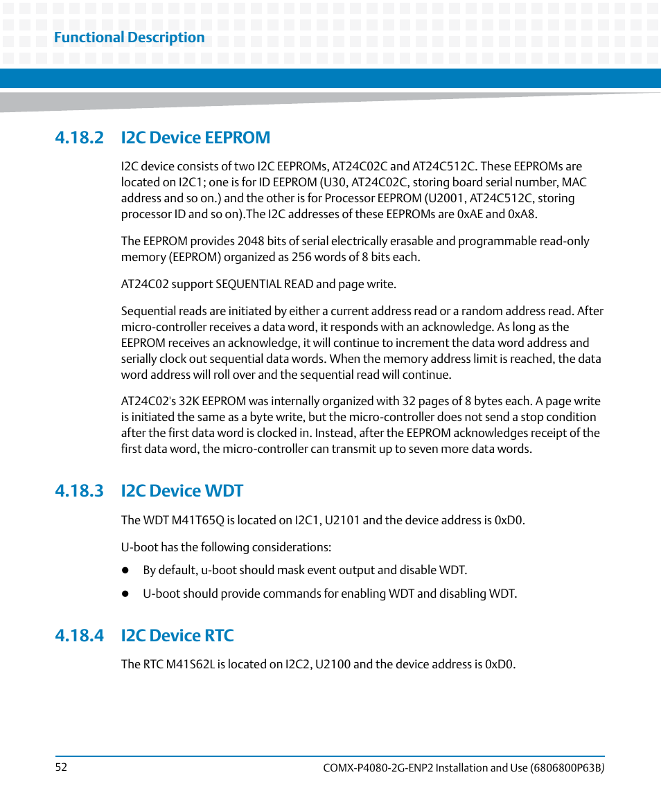 2 i2c device eeprom, 3 i2c device wdt, 4 i2c device rtc | Artesyn COMX-P4080-2G-ENP2 Installation and Use (August 2014) User Manual | Page 52 / 70