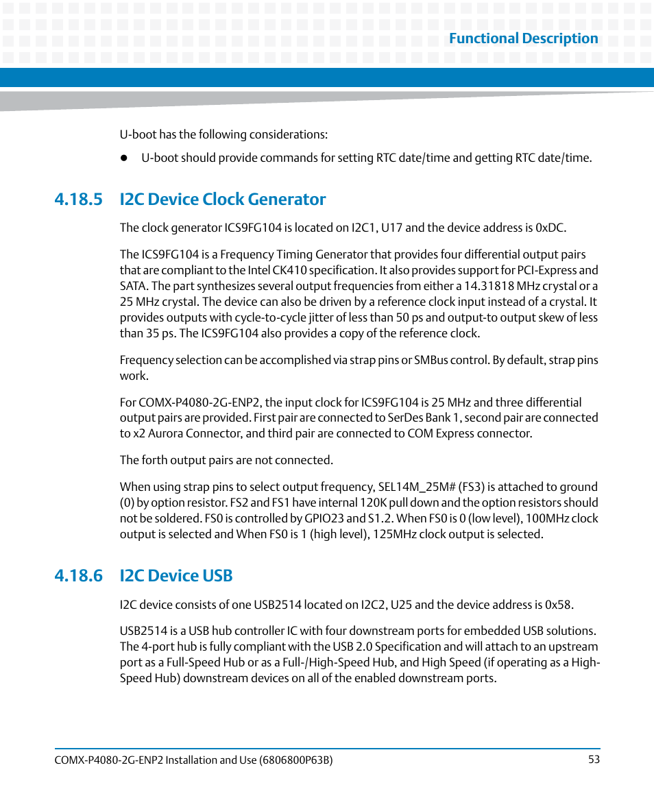 5 i2c device clock generator, 6 i2c device usb, 5 i2c device clock generator 4.18.6 i2c device usb | Artesyn COMX-P4080-2G-ENP2 Installation and Use (August 2014) User Manual | Page 53 / 70