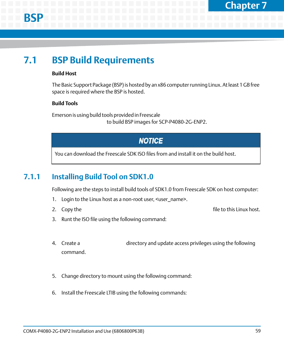 1 bsp build requirements, 1 installing build tool on sdk1.0, Chapter 7 | Artesyn COMX-P4080-2G-ENP2 Installation and Use (August 2014) User Manual | Page 59 / 70