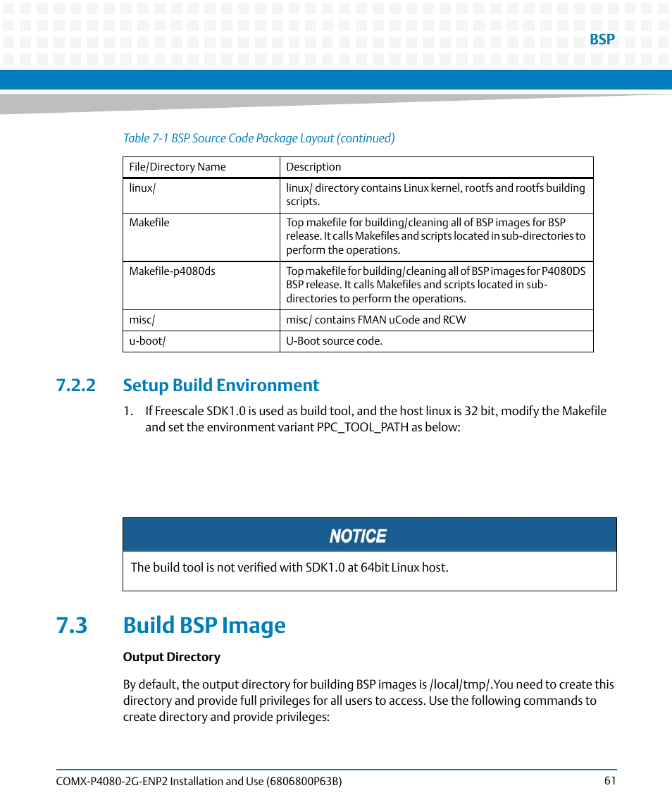 2 setup build environment, 3 build bsp image | Artesyn COMX-P4080-2G-ENP2 Installation and Use (August 2014) User Manual | Page 61 / 70