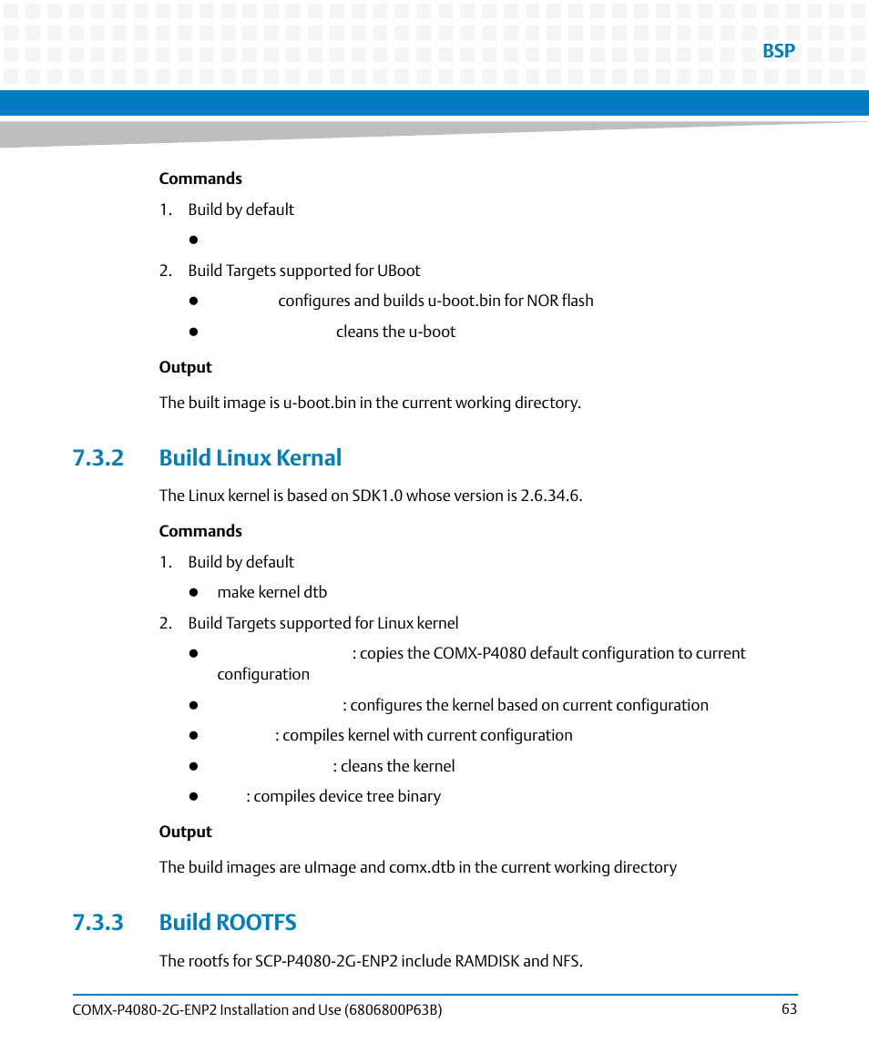 2 build linux kernal, 3 build rootfs, 2 build linux kernal 7.3.3 build rootfs | Artesyn COMX-P4080-2G-ENP2 Installation and Use (August 2014) User Manual | Page 63 / 70