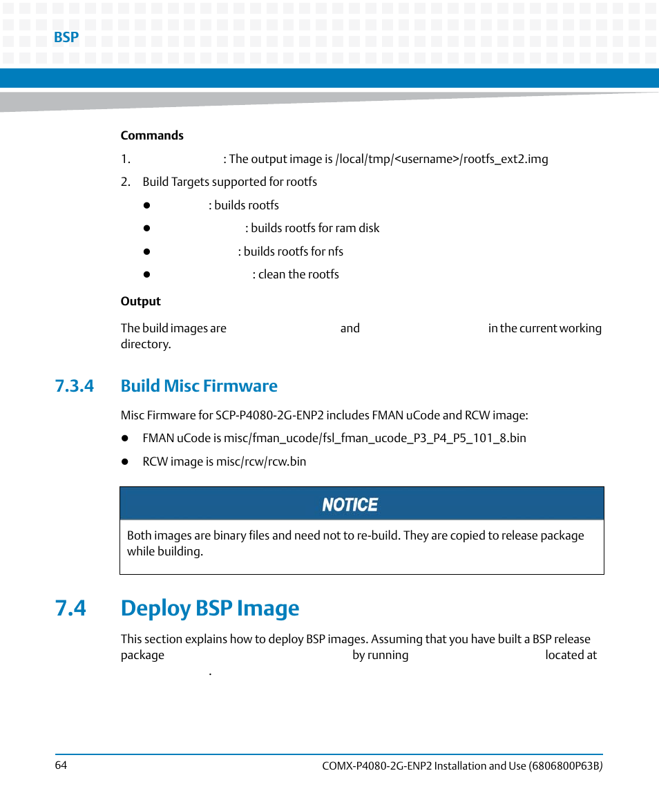 4 build misc firmware, 4 deploy bsp image | Artesyn COMX-P4080-2G-ENP2 Installation and Use (August 2014) User Manual | Page 64 / 70