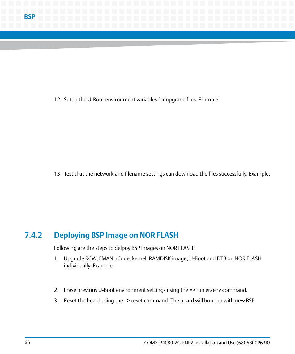 2 deploying bsp image on nor flash | Artesyn COMX-P4080-2G-ENP2 Installation and Use (August 2014) User Manual | Page 66 / 70