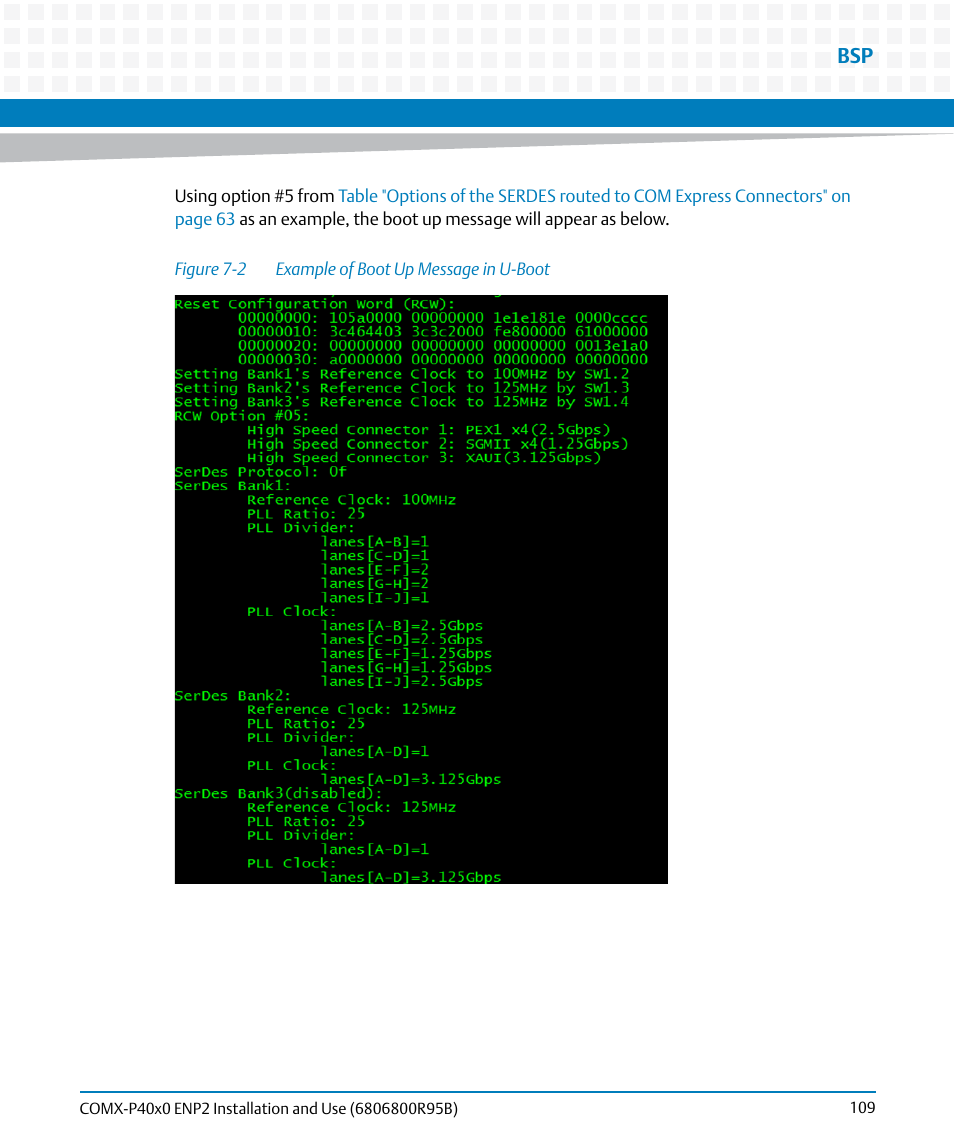 Figure 7-2, Example of boot up message in u-boot | Artesyn COMX-P40x0 ENP2 Installation and Use (August 2014) User Manual | Page 109 / 130