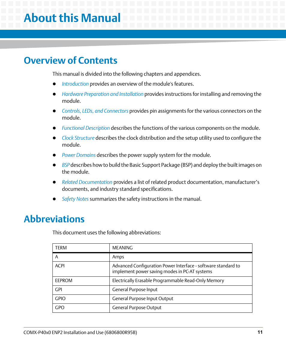 About this manual, Overview of contents, Abbreviations | Artesyn COMX-P40x0 ENP2 Installation and Use (August 2014) User Manual | Page 11 / 130