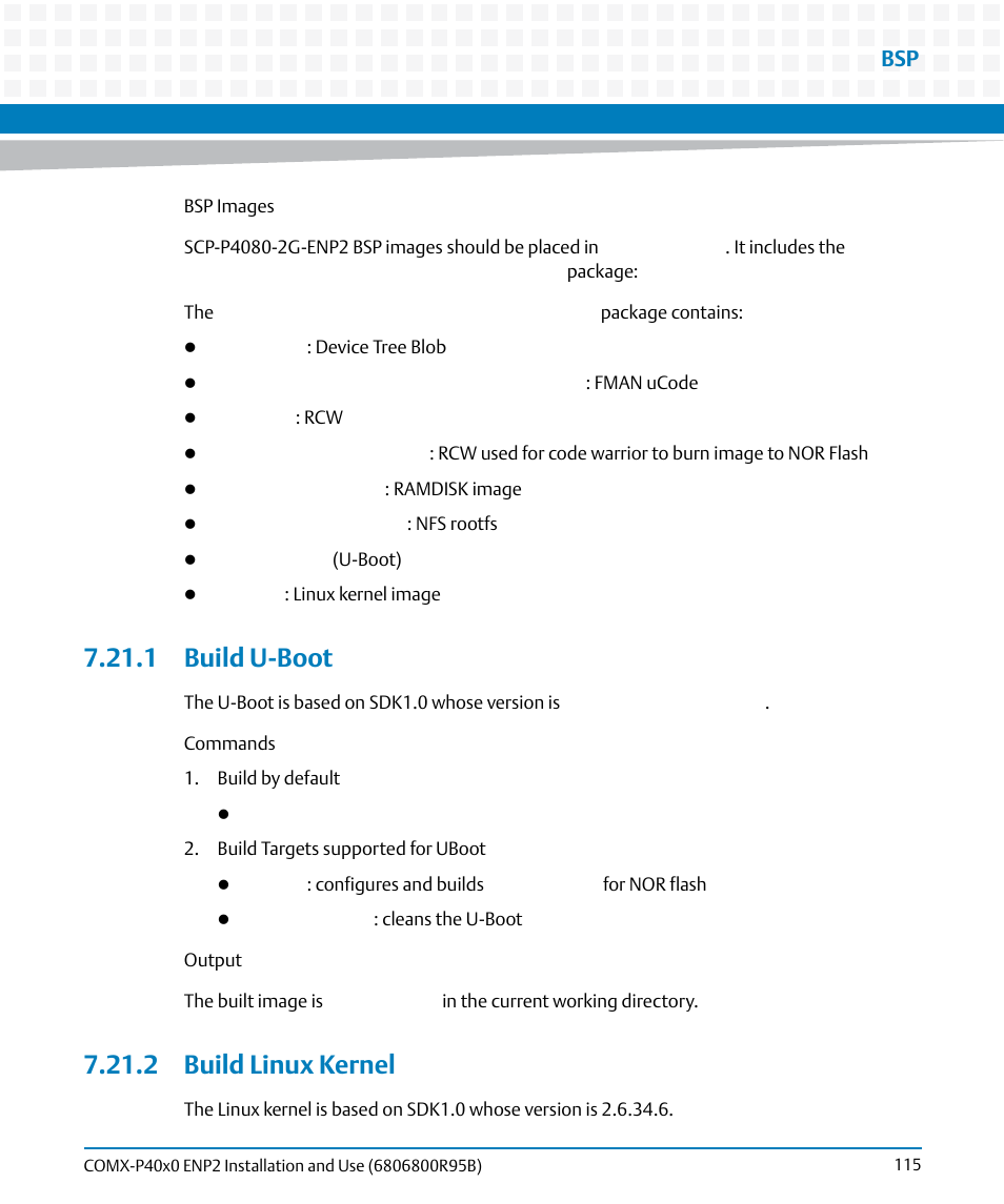 1 build u-boot, 2 build linux kernel, 1 build u-boot 7.21.2 build linux kernel | Artesyn COMX-P40x0 ENP2 Installation and Use (August 2014) User Manual | Page 115 / 130