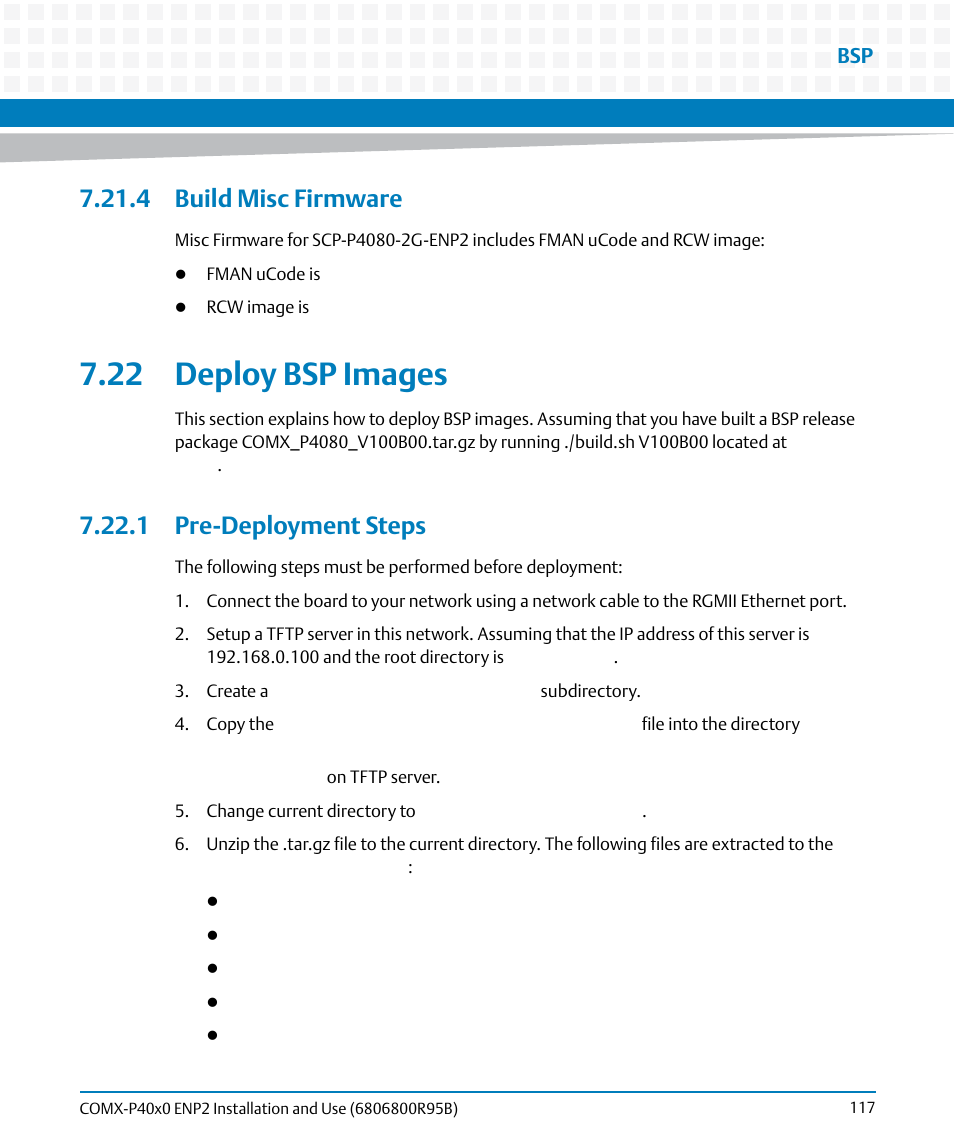 4 build misc firmware, 22 deploy bsp images, 1 pre-deployment steps | Artesyn COMX-P40x0 ENP2 Installation and Use (August 2014) User Manual | Page 117 / 130