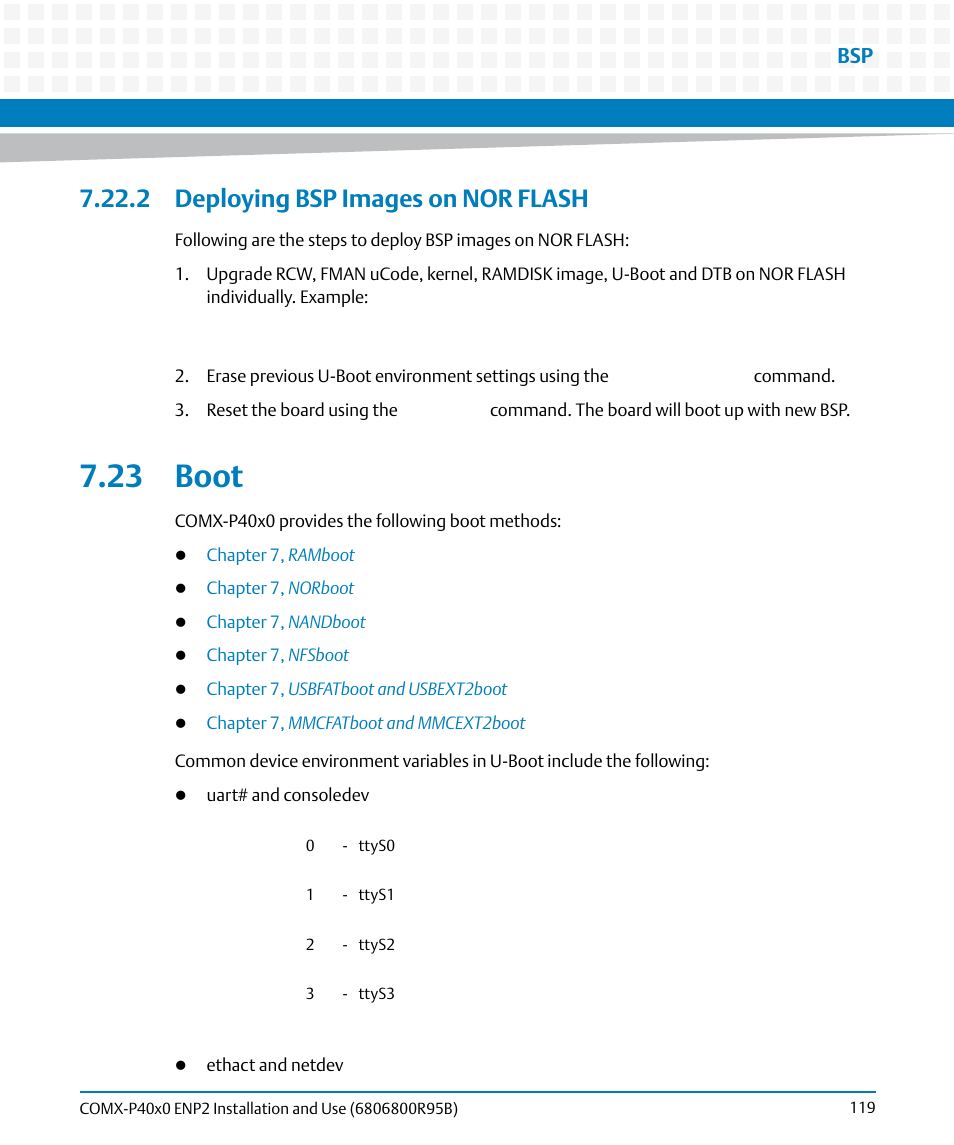 2 deploying bsp images on nor flash, 23 boot | Artesyn COMX-P40x0 ENP2 Installation and Use (August 2014) User Manual | Page 119 / 130
