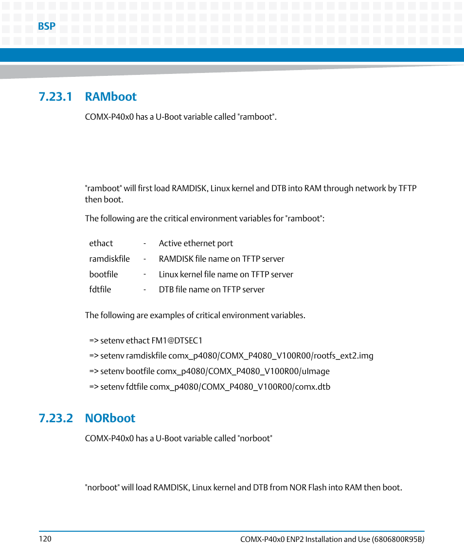 1 ramboot, 2 norboot, 1 ramboot 7.23.2 norboot | Chapter 7, ramboot, Chapter 7, norboot | Artesyn COMX-P40x0 ENP2 Installation and Use (August 2014) User Manual | Page 120 / 130