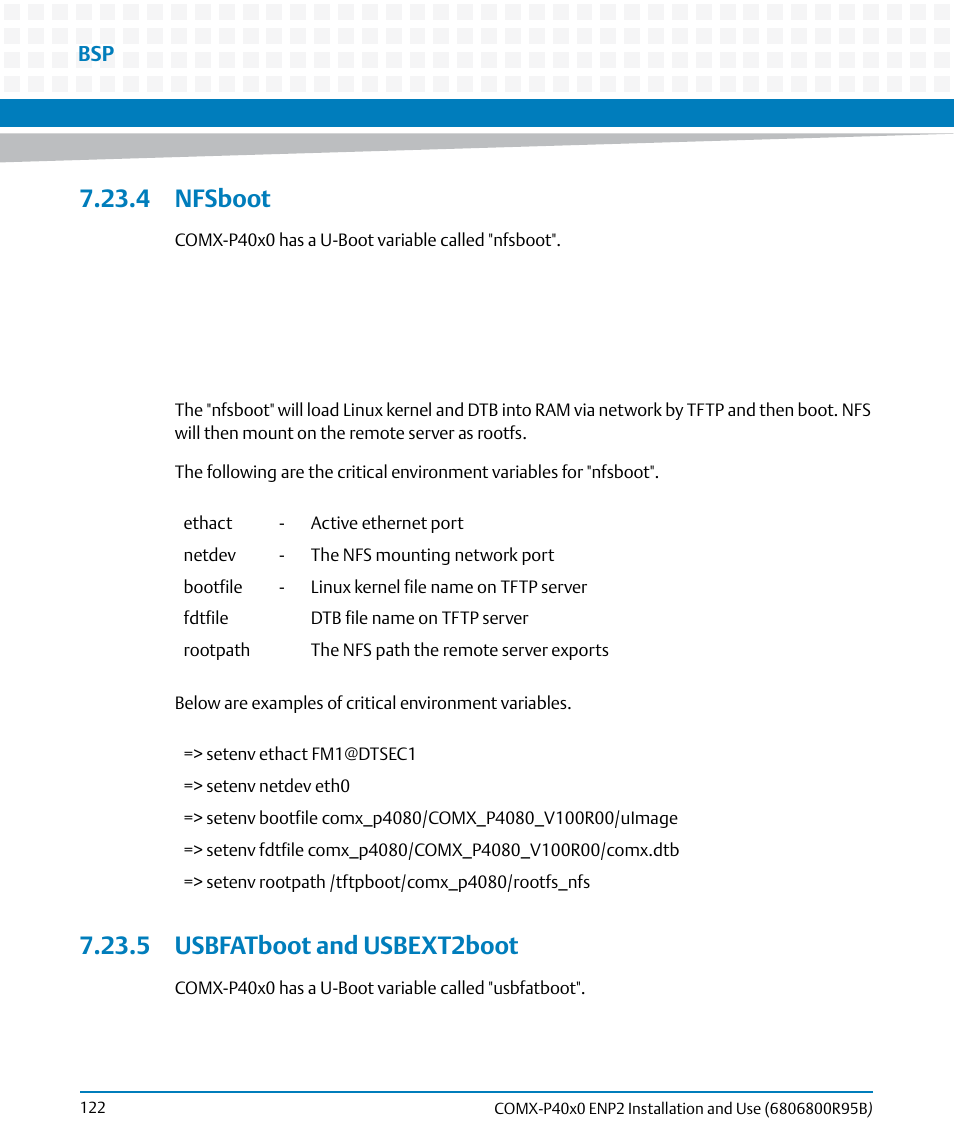4 nfsboot, 5 usbfatboot and usbext2boot, 4 nfsboot 7.23.5 usbfatboot and usbext2boot | Chapter 7, nfsboot, Chapter 7, usbfatboot and usbext2boot | Artesyn COMX-P40x0 ENP2 Installation and Use (August 2014) User Manual | Page 122 / 130