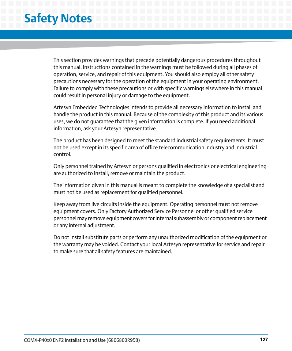 Safety notes | Artesyn COMX-P40x0 ENP2 Installation and Use (August 2014) User Manual | Page 127 / 130