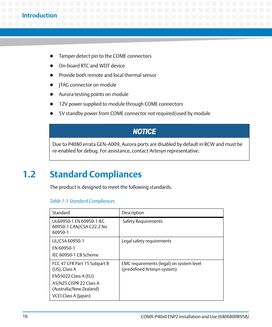 2 standard compliances, Table 1-1, Standard compliances | Introduction | Artesyn COMX-P40x0 ENP2 Installation and Use (August 2014) User Manual | Page 16 / 130
