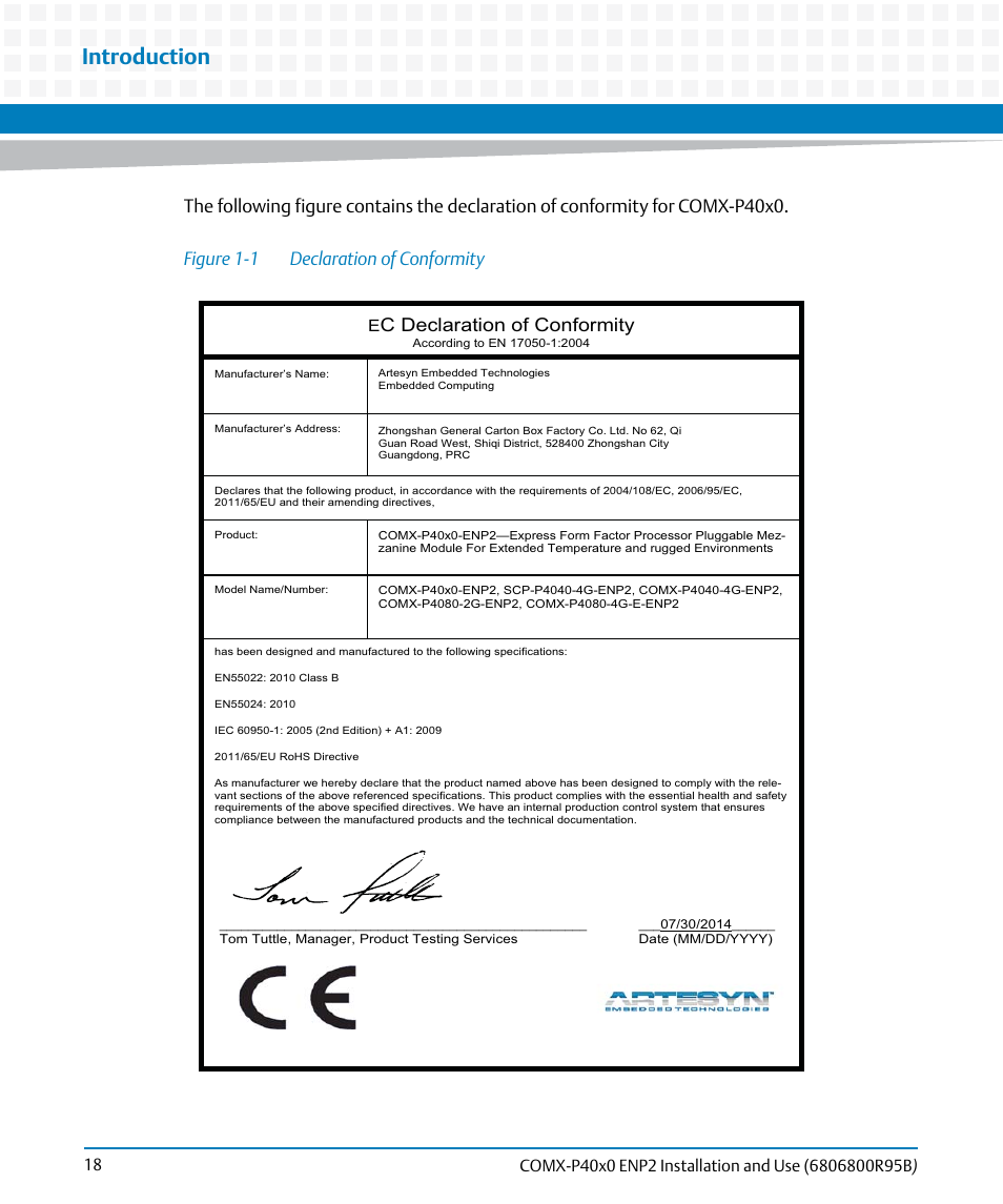 Figure 1-1, Declaration of conformity, Introduction | C declaration of conformity | Artesyn COMX-P40x0 ENP2 Installation and Use (August 2014) User Manual | Page 18 / 130