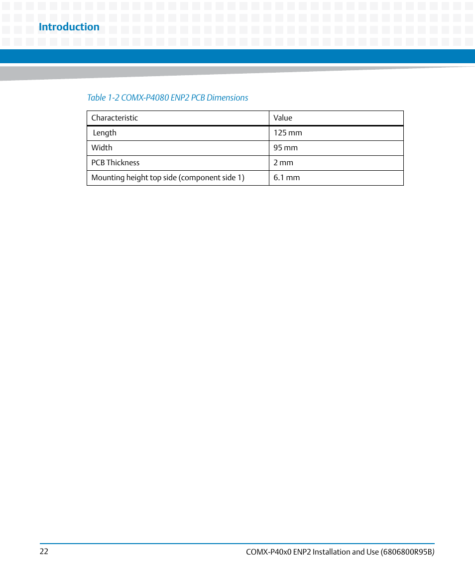 Table 1-2, Comx-p4080 enp2 pcb dimensions, Introduction | Artesyn COMX-P40x0 ENP2 Installation and Use (August 2014) User Manual | Page 22 / 130