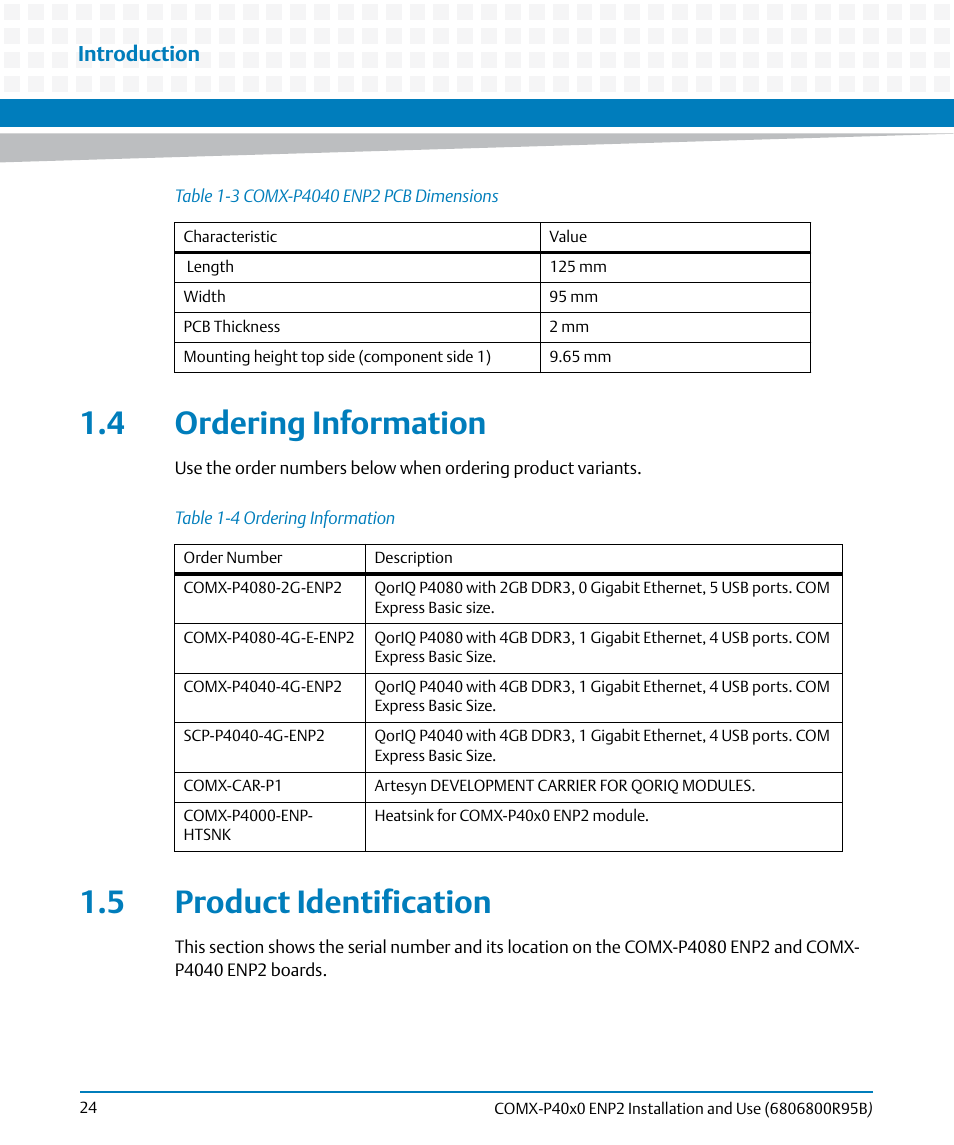 4 ordering information, 5 product identification, 4 ordering information 1.5 product identification | Table 1-3, Comx-p4040 enp2 pcb dimensions, Table 1-4, Ordering information, Introduction | Artesyn COMX-P40x0 ENP2 Installation and Use (August 2014) User Manual | Page 24 / 130