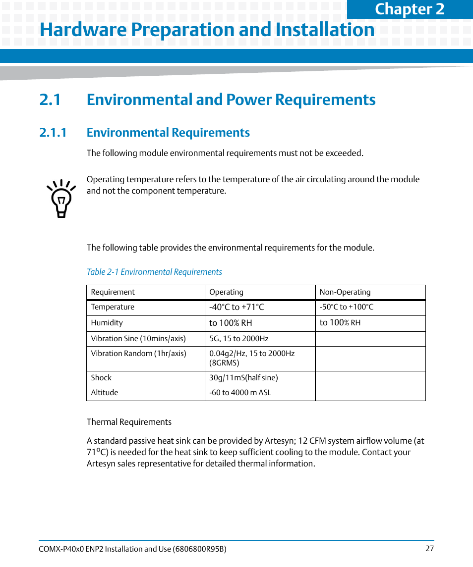 Hardware preparation and installation, 1 environmental and power requirements, 1 environmental requirements | Table 2-1, Environmental requirements, Chapter 2 | Artesyn COMX-P40x0 ENP2 Installation and Use (August 2014) User Manual | Page 27 / 130