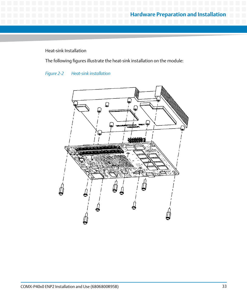 Figure 2-2, Heat-sink installation, Hardware preparation and installation | Artesyn COMX-P40x0 ENP2 Installation and Use (August 2014) User Manual | Page 33 / 130