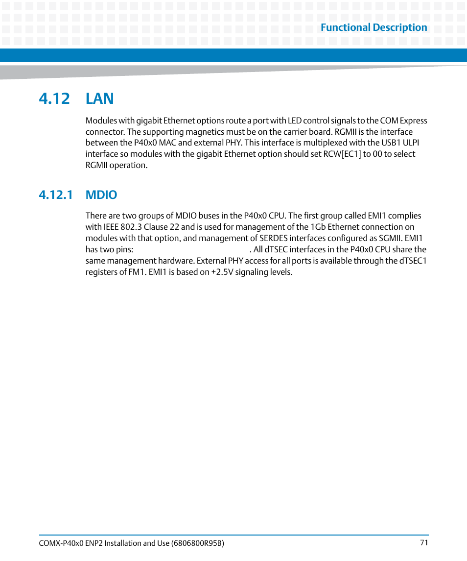 12 lan, 1 mdio | Artesyn COMX-P40x0 ENP2 Installation and Use (August 2014) User Manual | Page 71 / 130