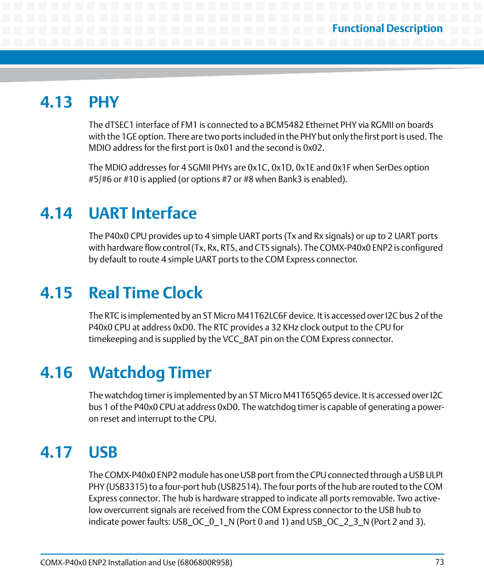 13 phy, 14 uart interface, 15 real time clock | 16 watchdog timer, 17 usb | Artesyn COMX-P40x0 ENP2 Installation and Use (August 2014) User Manual | Page 73 / 130