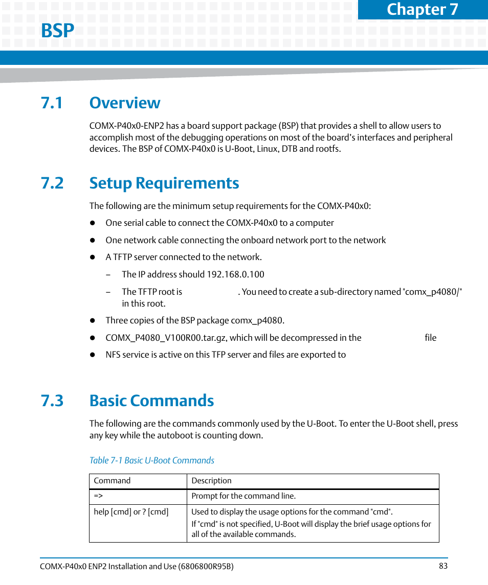 1 overview, 2 setup requirements, 3 basic commands | 1 overview 7.2 setup requirements, Table 7-1, Basic u-boot commands, Chapter 7 | Artesyn COMX-P40x0 ENP2 Installation and Use (August 2014) User Manual | Page 83 / 130