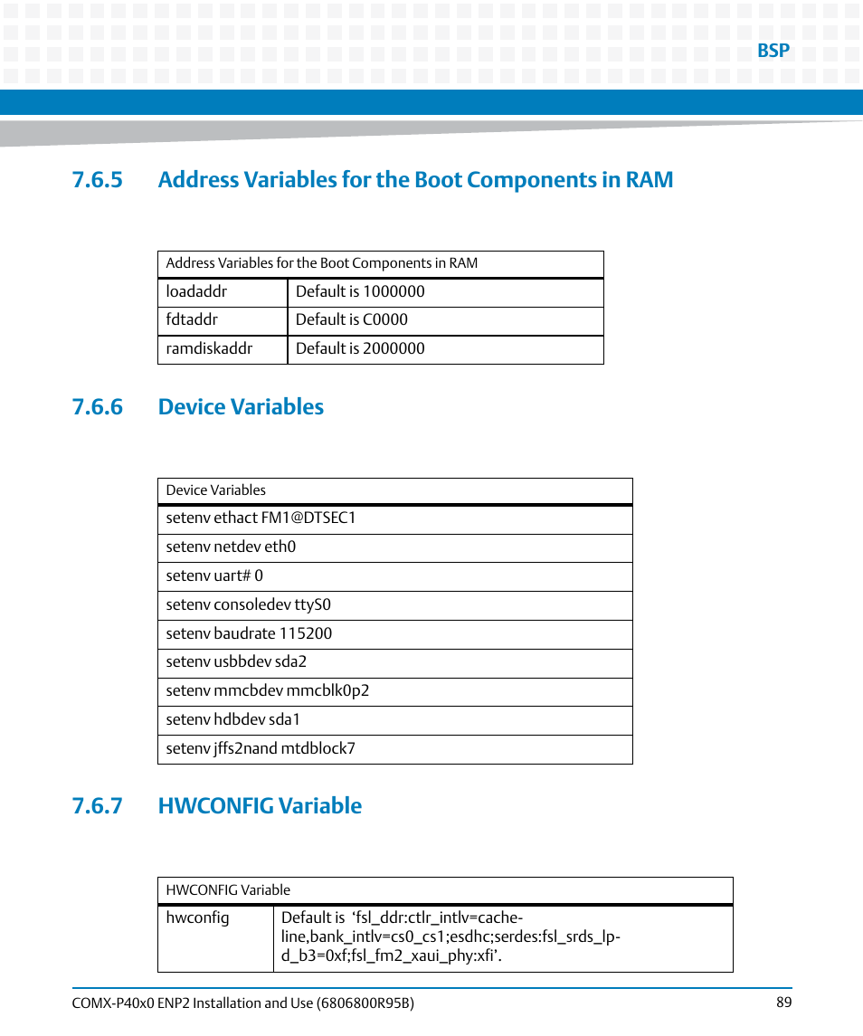 5 address variables for the boot components in ram, 6 device variables, 7 hwconfig variable | Artesyn COMX-P40x0 ENP2 Installation and Use (August 2014) User Manual | Page 89 / 130