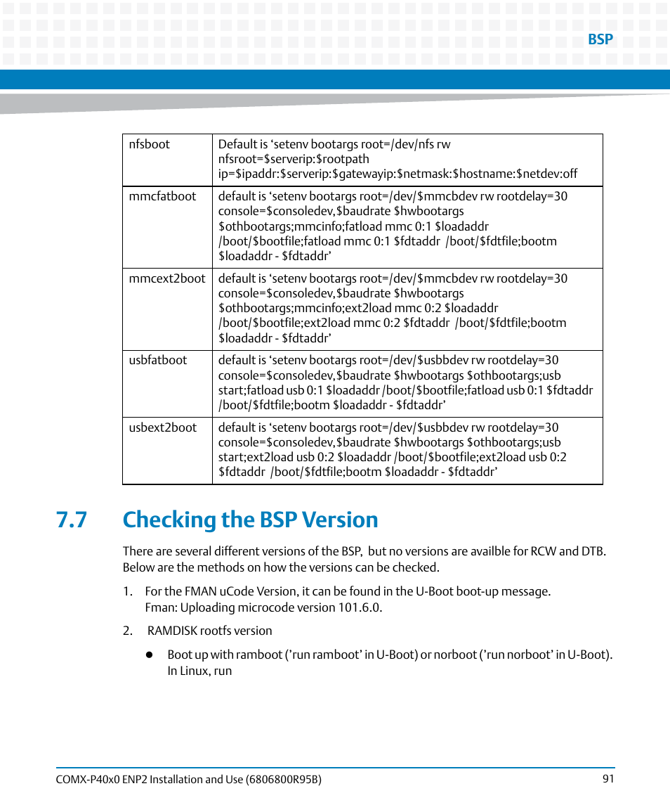 7 checking the bsp version | Artesyn COMX-P40x0 ENP2 Installation and Use (August 2014) User Manual | Page 91 / 130