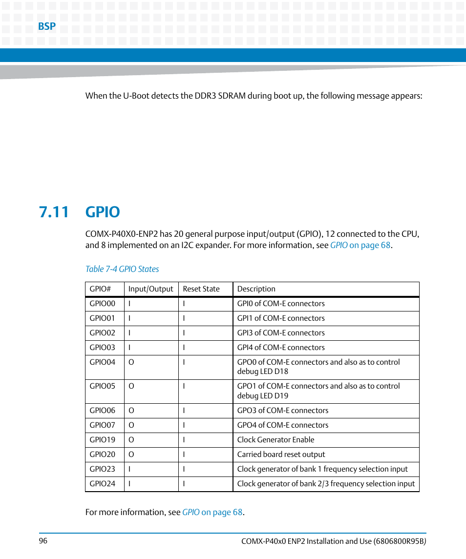 11 gpio, Table 7-4, Gpio states | Artesyn COMX-P40x0 ENP2 Installation and Use (August 2014) User Manual | Page 96 / 130