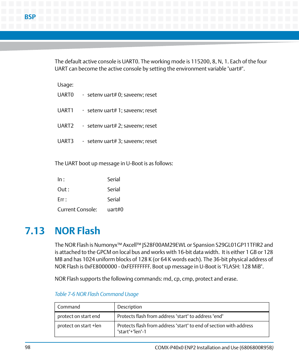13 nor flash, Table 7-6, Nor flash command usage | Artesyn COMX-P40x0 ENP2 Installation and Use (August 2014) User Manual | Page 98 / 130