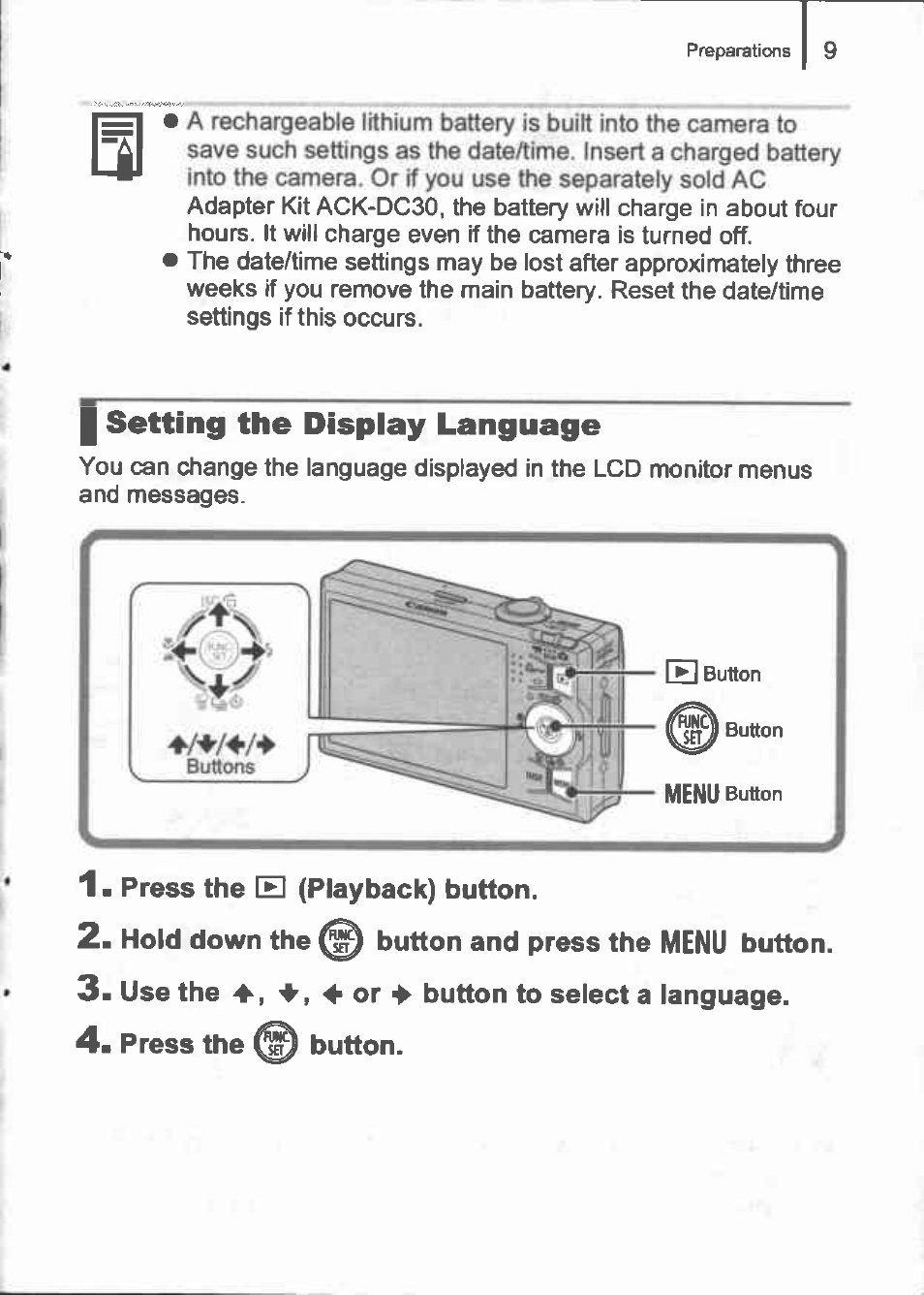 Press the [el (playback) button, Hold down the button and press the menu button, Use the 4 or ^ button to select a language | Press the button, I setting the display language | Canon IXUS 90IS User Manual | Page 11 / 36