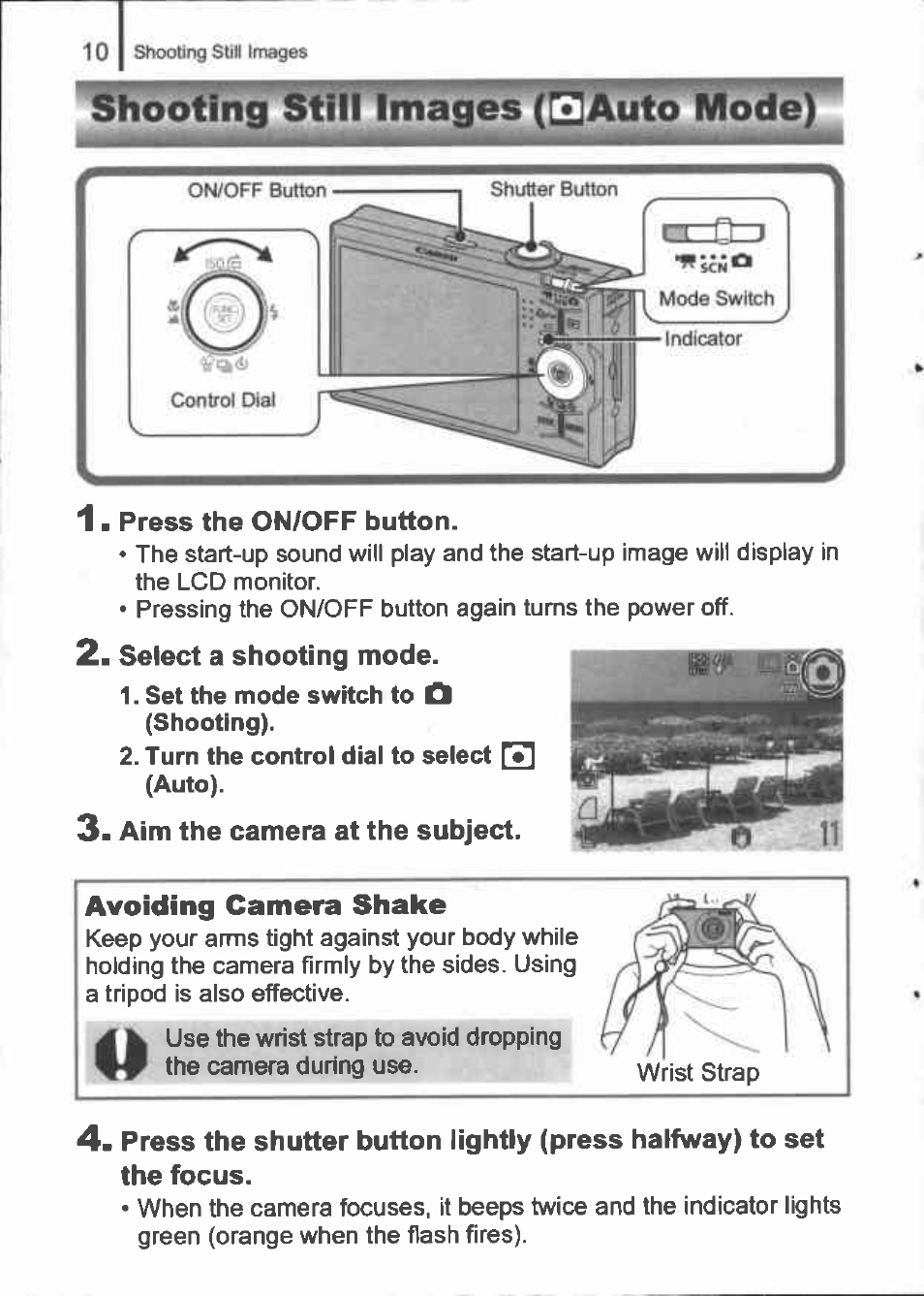 Select a shooting mode, Set the mode switch to a (shooting), Turn the controi diai to seiect m (auto) | Aim the camera at the subject, Avoiding camera shake, Shooting still linages (^auto mode) | Canon IXUS 90IS User Manual | Page 12 / 36