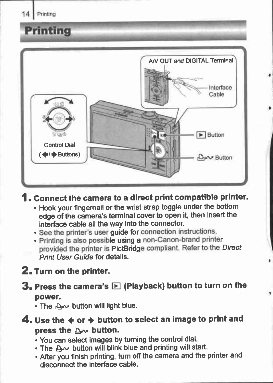 Printing, Turn on the printer, Power | Press the |0]<v button | Canon IXUS 90IS User Manual | Page 16 / 36