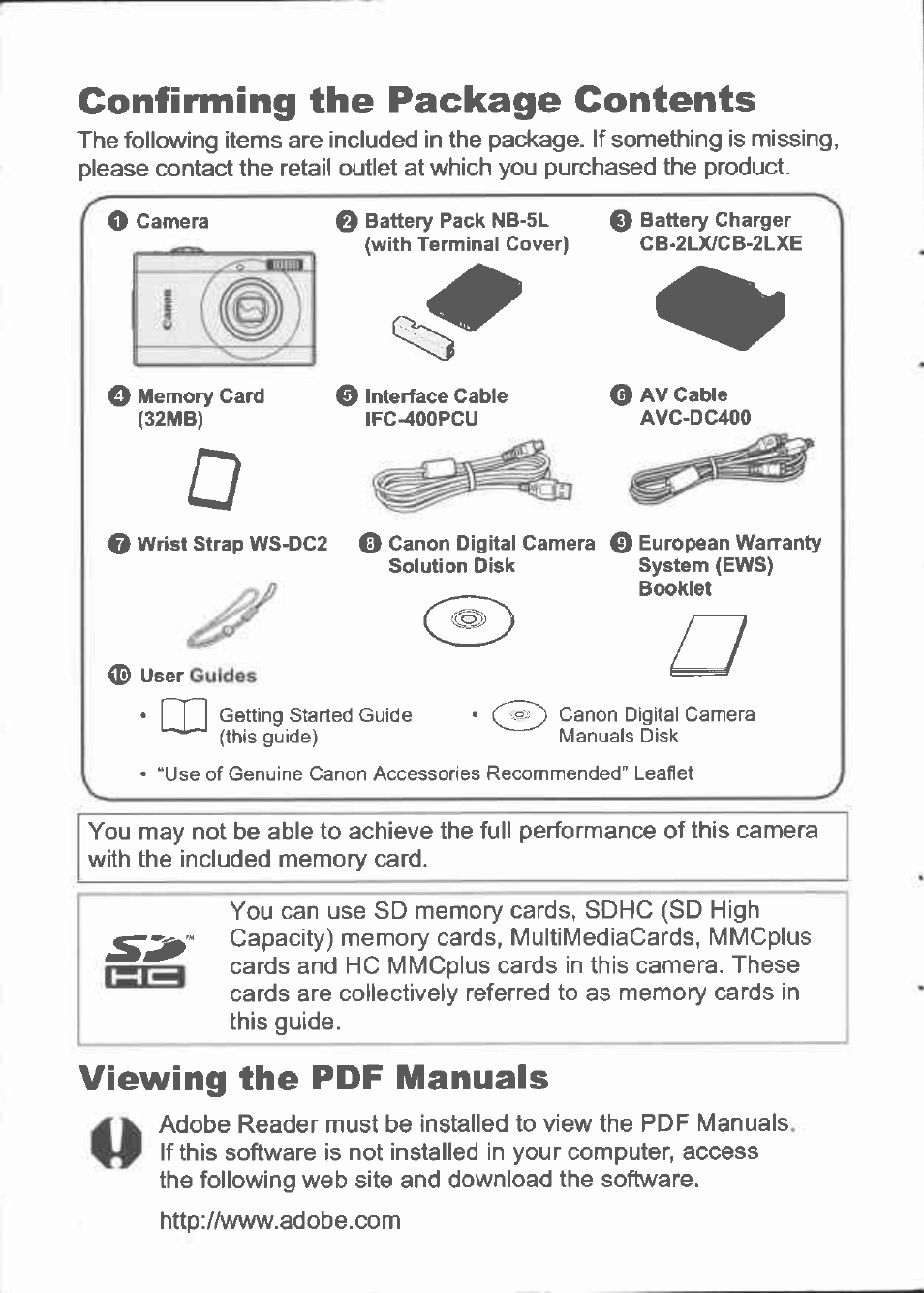 Confirming the package contents, Viewing the pdf manuais | Canon IXUS 90IS User Manual | Page 2 / 36