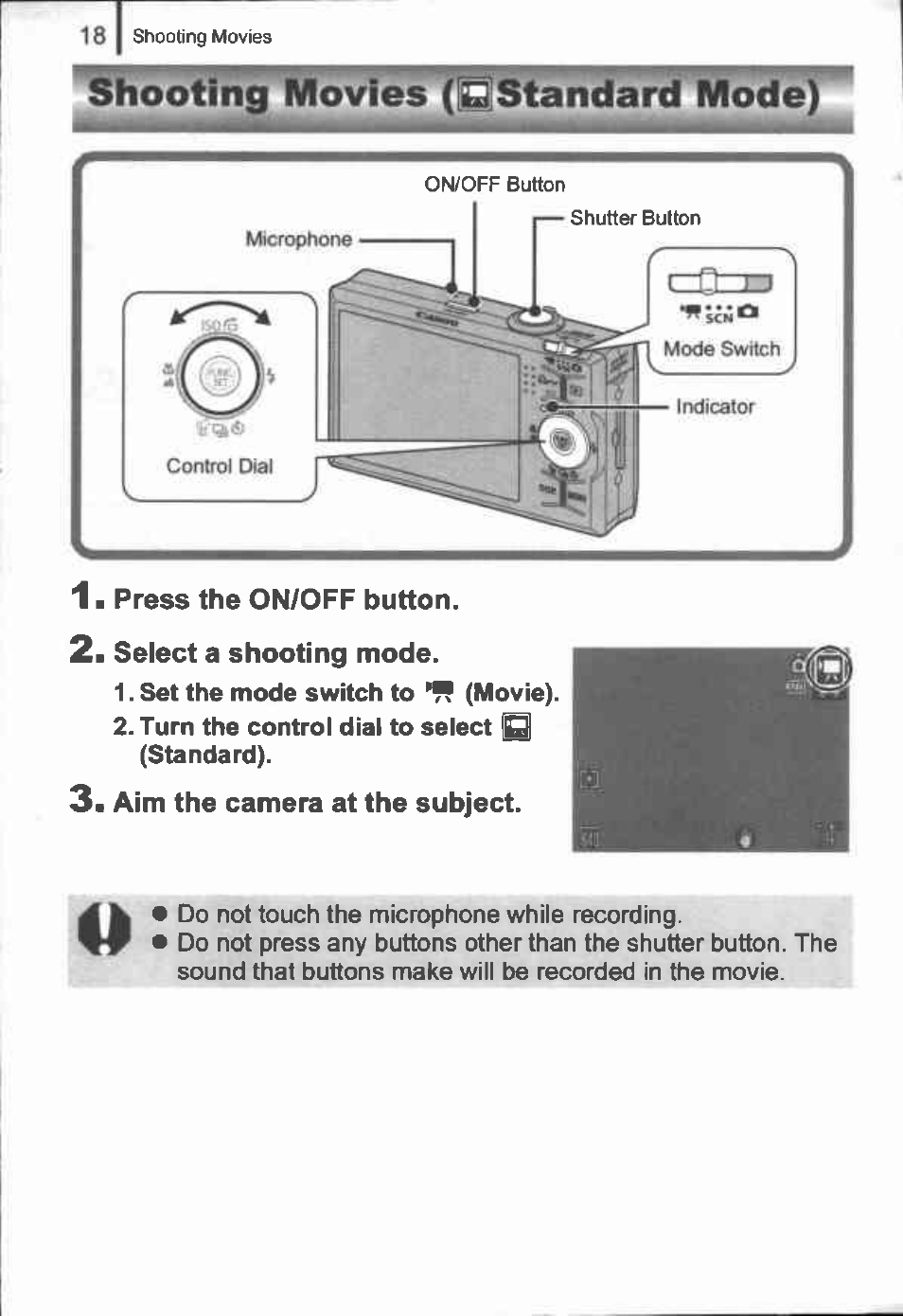 Select a shooting mode, Aim the camera at the subject, Shooting hiovfes '(sstandard mode) | Canon IXUS 90IS User Manual | Page 20 / 36