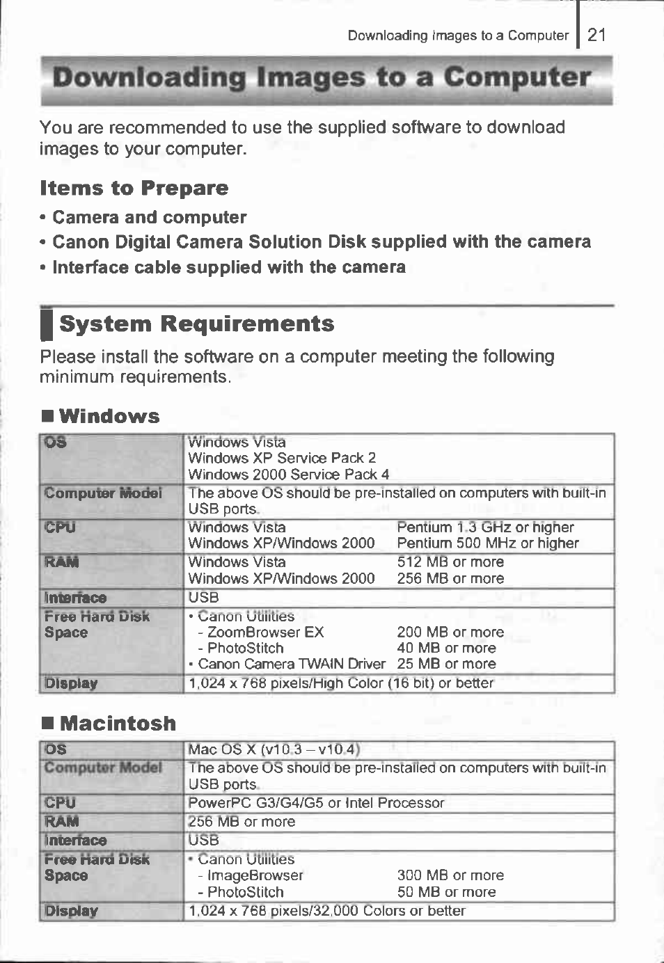 Items to prepare, Windows, I macintosh | Downloading images to a computer, I system requirements, Macintosh | Canon IXUS 90IS User Manual | Page 23 / 36
