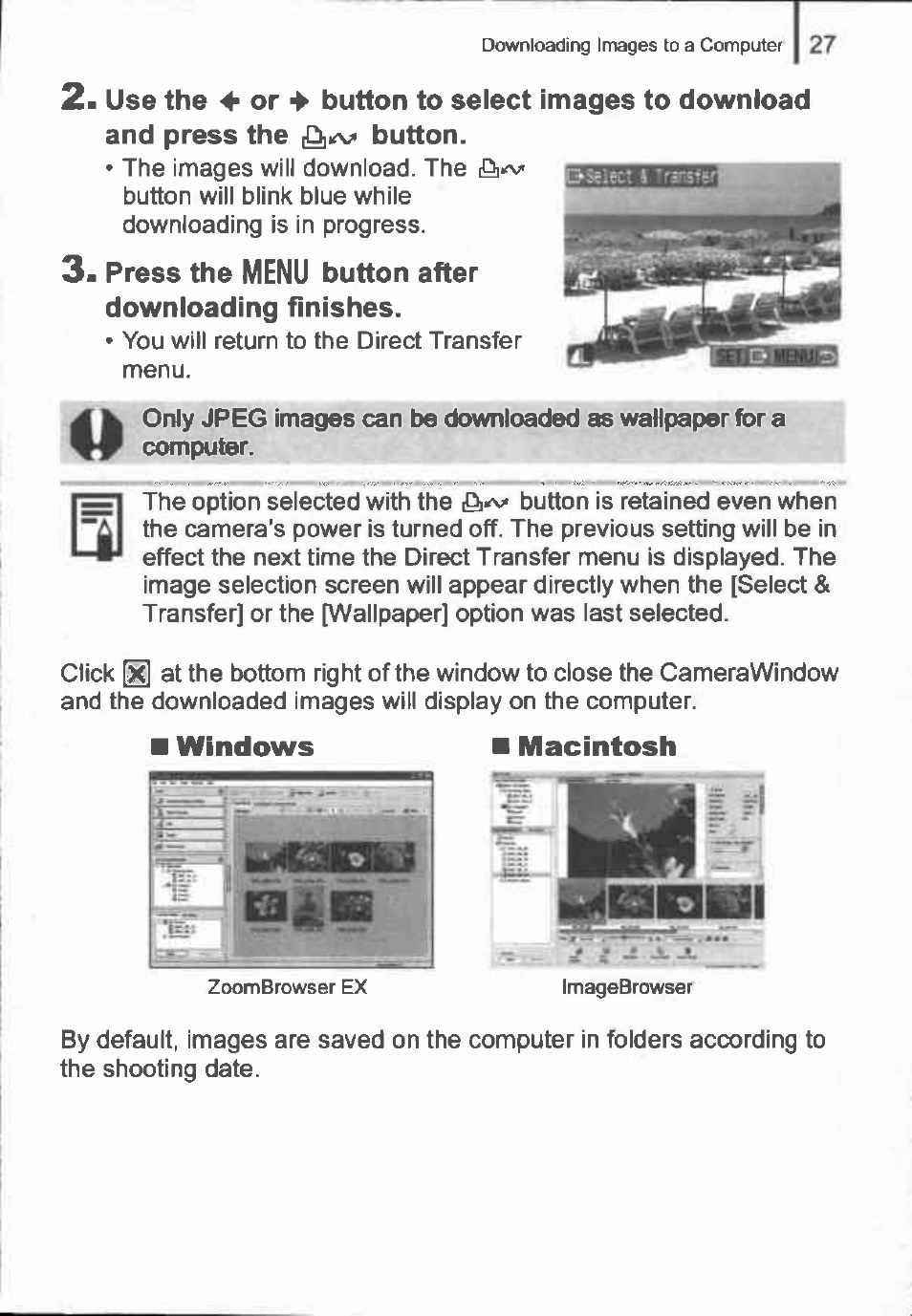 Press the menu button after downloading finishes, I macintosh, Windows i macintosh | Canon IXUS 90IS User Manual | Page 29 / 36