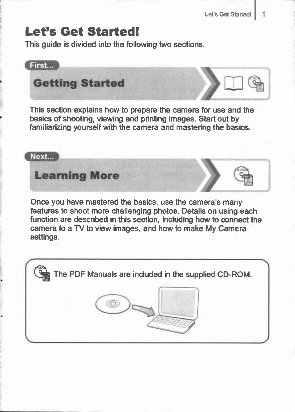 Let’s get started, Getting started, Learning more | Canon IXUS 90IS User Manual | Page 3 / 36