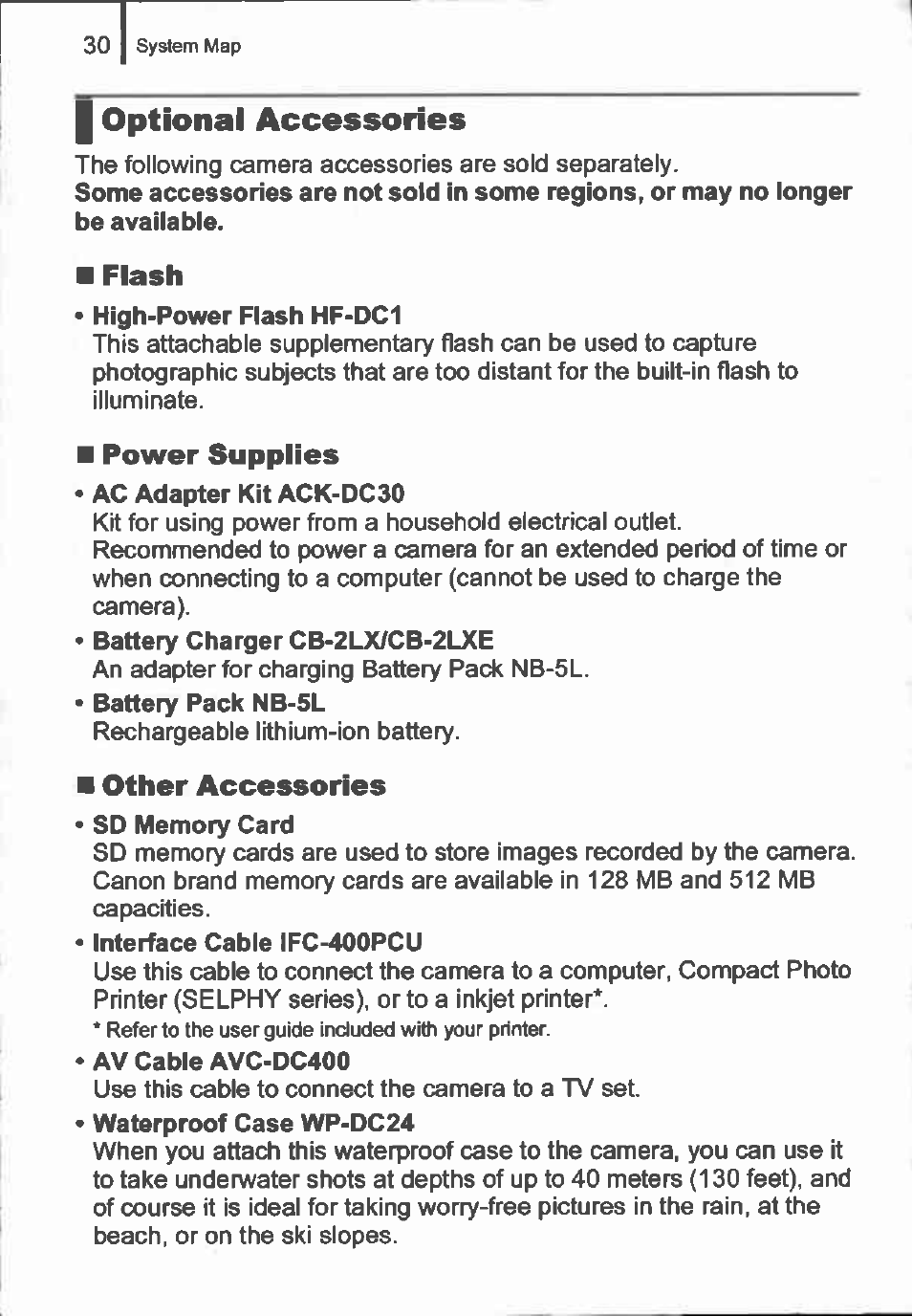 Flash, Power supplies, Other accessories | I optional accessories | Canon IXUS 90IS User Manual | Page 32 / 36