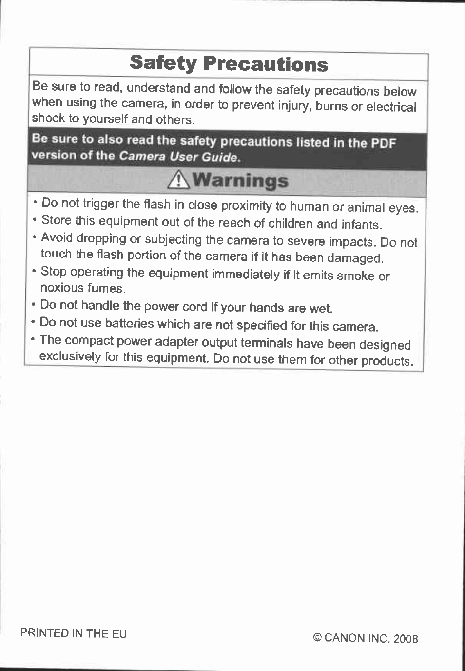 Safety precautions, Awarninqs, Camera user guide | Canon IXUS 90IS User Manual | Page 35 / 36