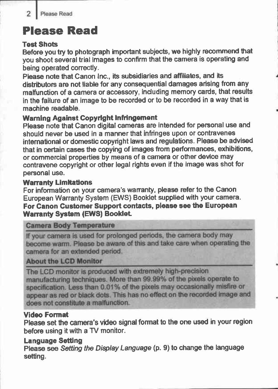 Please read, Test shots, Video format | Canon IXUS 90IS User Manual | Page 4 / 36