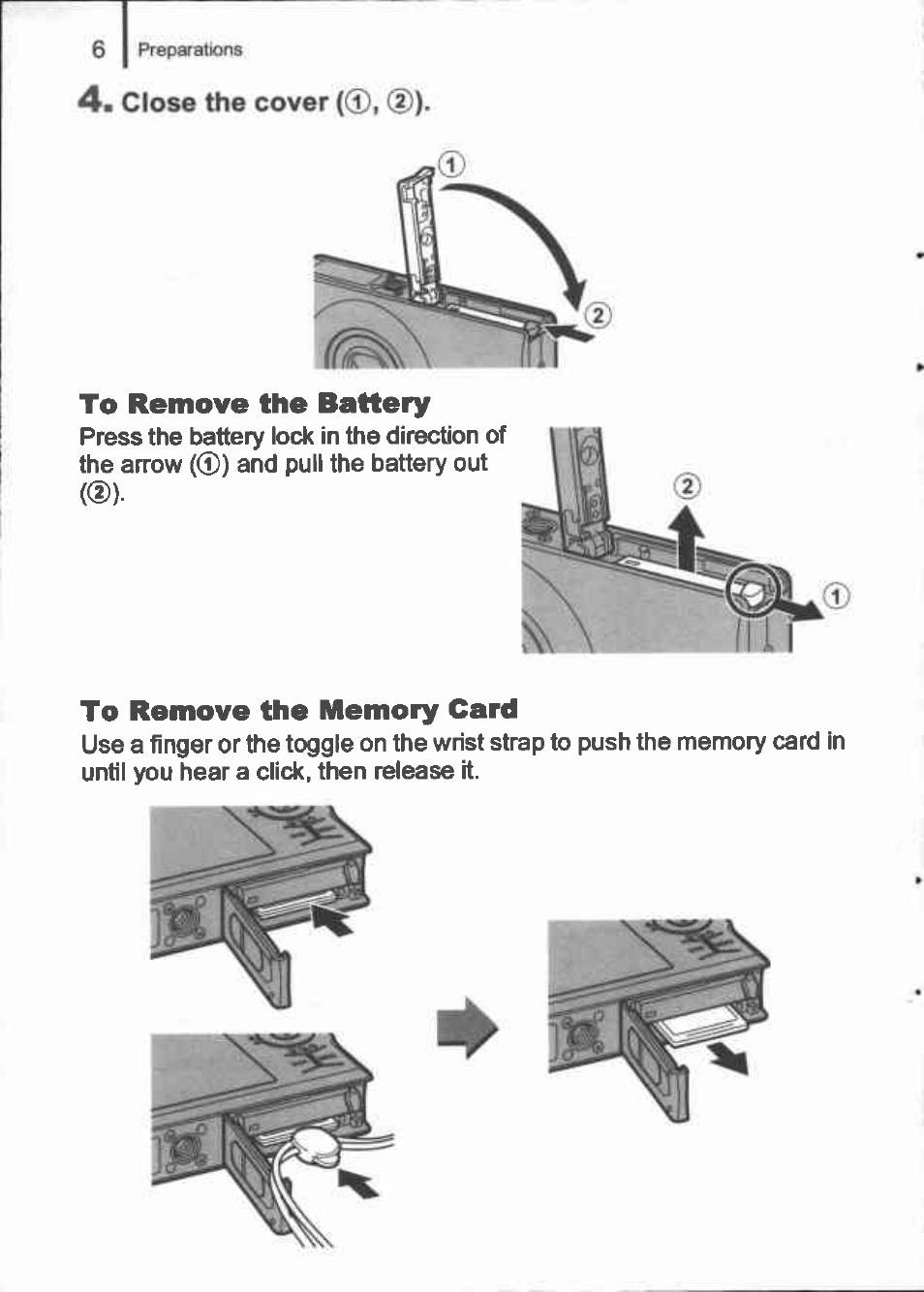 Close the cover, To remove the battery, To remove the memory card | Canon IXUS 90IS User Manual | Page 8 / 36