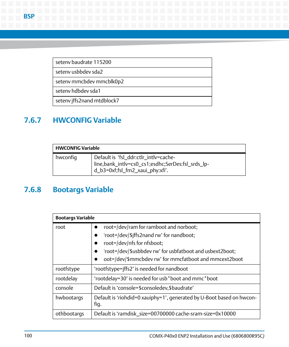 7 hwconfig variable, 8 bootargs variable, 7 hwconfig variable 7.6.8 bootargs variable | Artesyn COMX-P40x0 ENP2 Installation and Use (January 2015) User Manual | Page 100 / 140