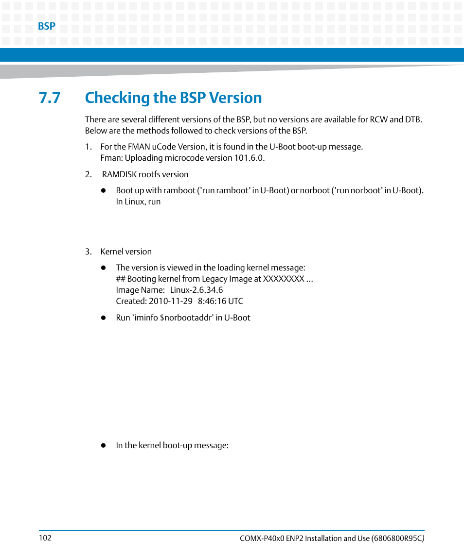 7 checking the bsp version | Artesyn COMX-P40x0 ENP2 Installation and Use (January 2015) User Manual | Page 102 / 140