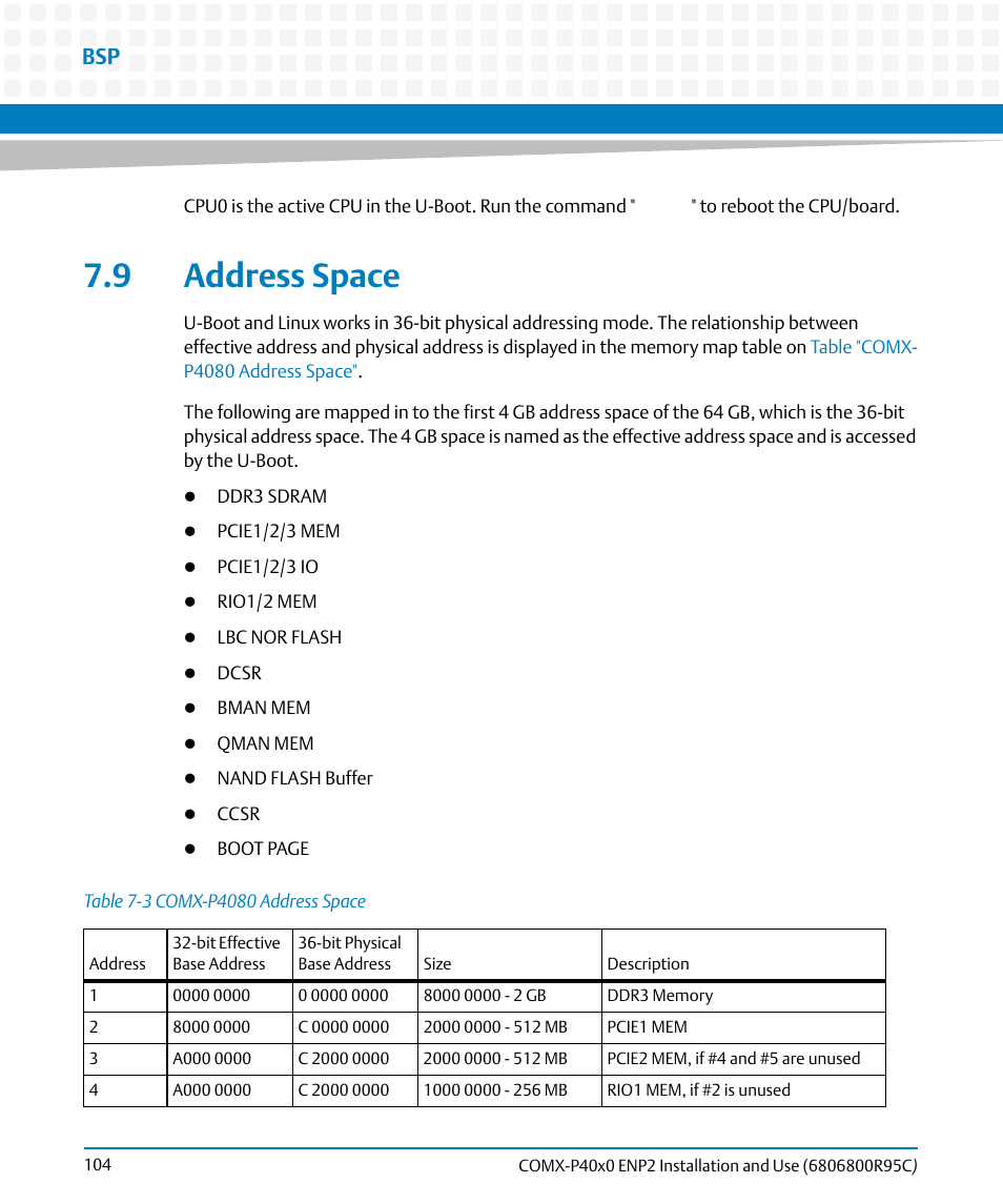 9 address space, Table 7-3, Comx-p4080 address space | Artesyn COMX-P40x0 ENP2 Installation and Use (January 2015) User Manual | Page 104 / 140