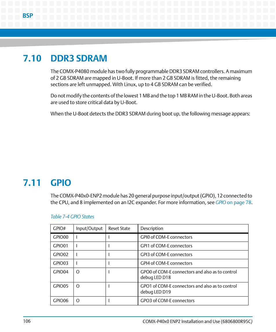 10 ddr3 sdram, 11 gpio, 10 ddr3 sdram 7.11 gpio | Table 7-4, Gpio states | Artesyn COMX-P40x0 ENP2 Installation and Use (January 2015) User Manual | Page 106 / 140