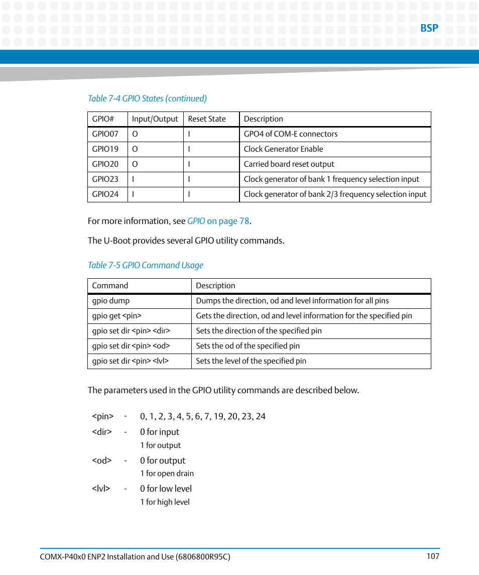 Table 7-5, Gpio command usage | Artesyn COMX-P40x0 ENP2 Installation and Use (January 2015) User Manual | Page 107 / 140
