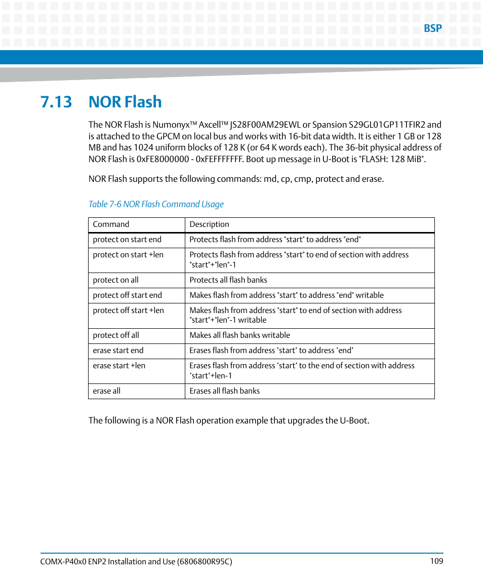 13 nor flash, Table 7-6, Nor flash command usage | Artesyn COMX-P40x0 ENP2 Installation and Use (January 2015) User Manual | Page 109 / 140