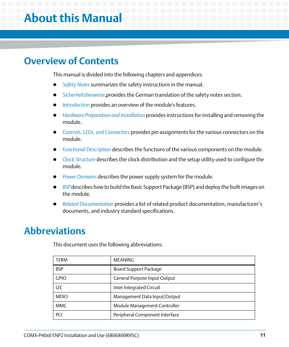 About this manual, Overview of contents, Abbreviations | Artesyn COMX-P40x0 ENP2 Installation and Use (January 2015) User Manual | Page 11 / 140